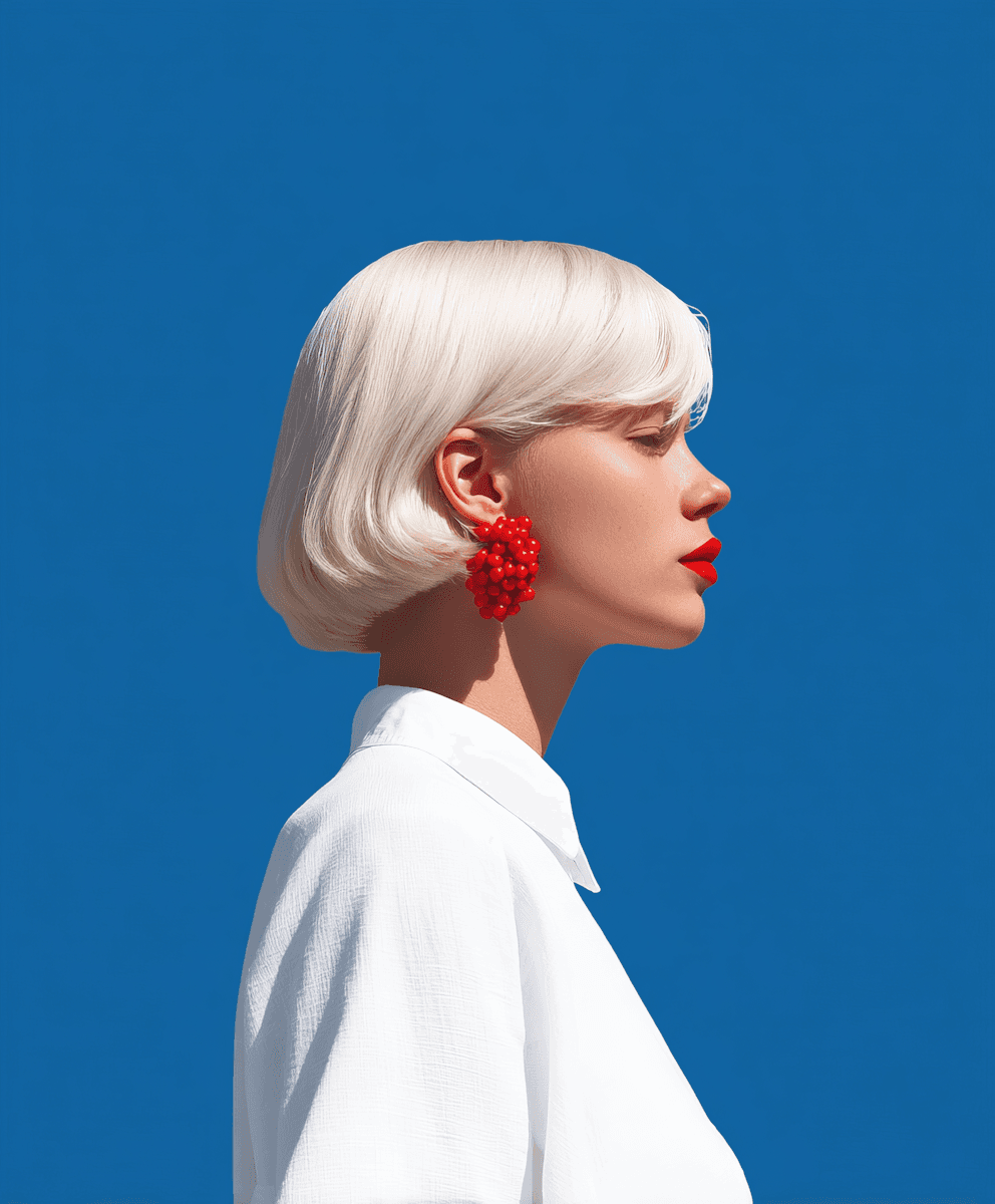 Profile portrait of a blonde woman in a white blouse with red earrings against a deep blue background.
