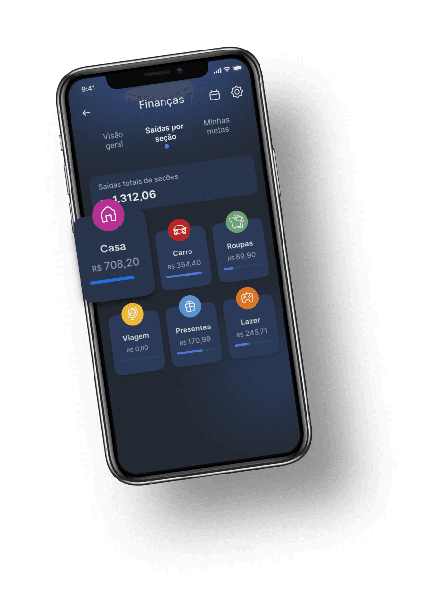 Interface do módulo de finanças, mostrando as categorias de gastos