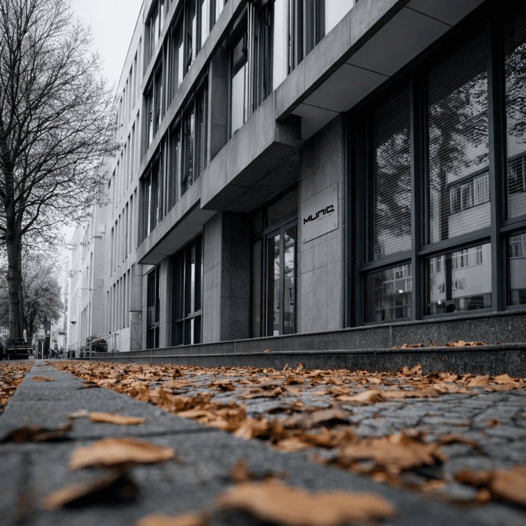 MUNiQ Design Berlin office building, showing the modern glass and concrete facade in an autumn setting. Focus on digital innovation and project scouting.