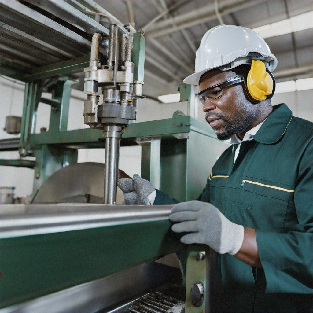 An engineer fixing machinery in a food production factory