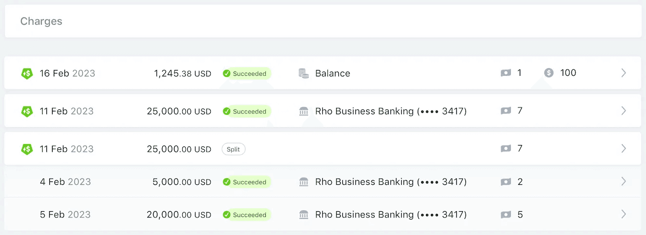 A screenshot of the new Charges page, with a list of three different charges, one of which is a split payment.