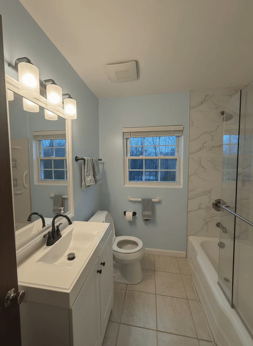 Same bathroom remodeled as bright spa with marble-look tile on tub surround and glass shower panel