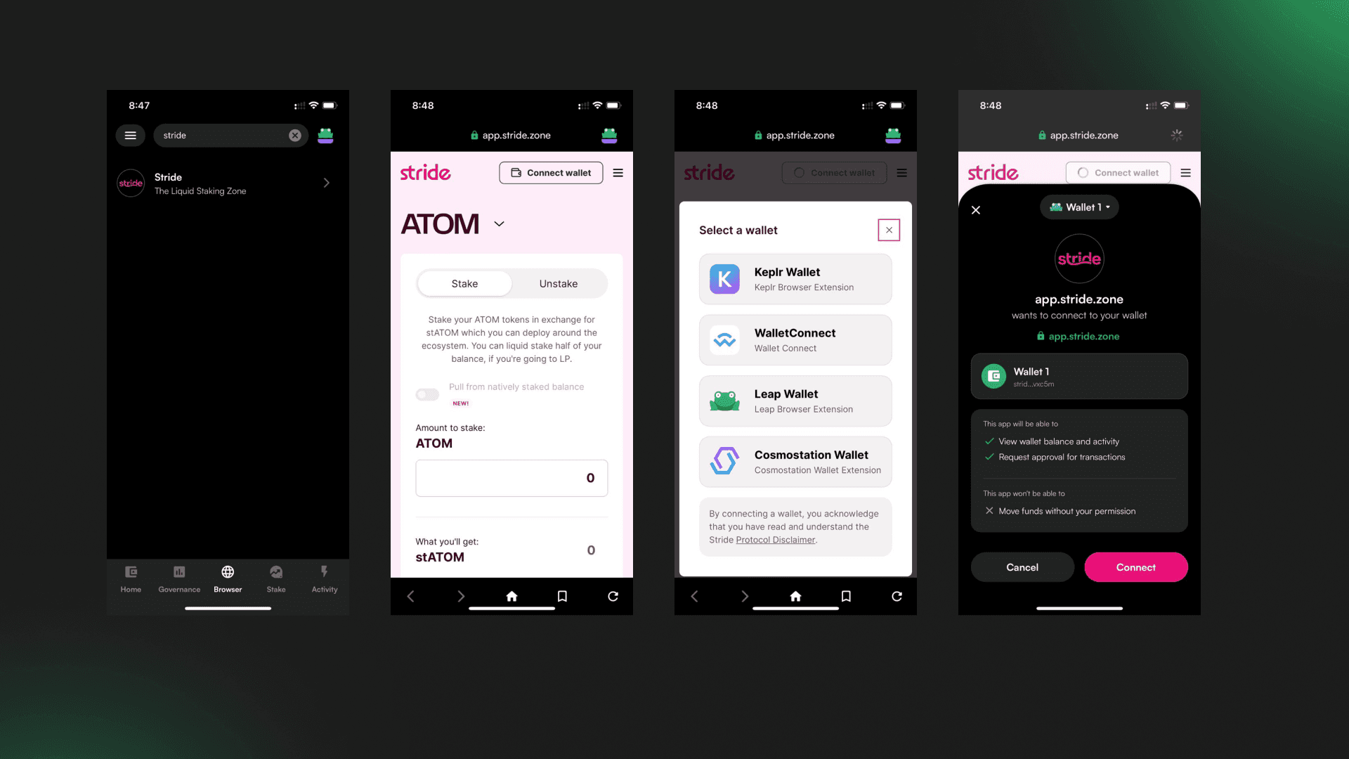 Access Stride dApp from Leap Wallet Mobile App