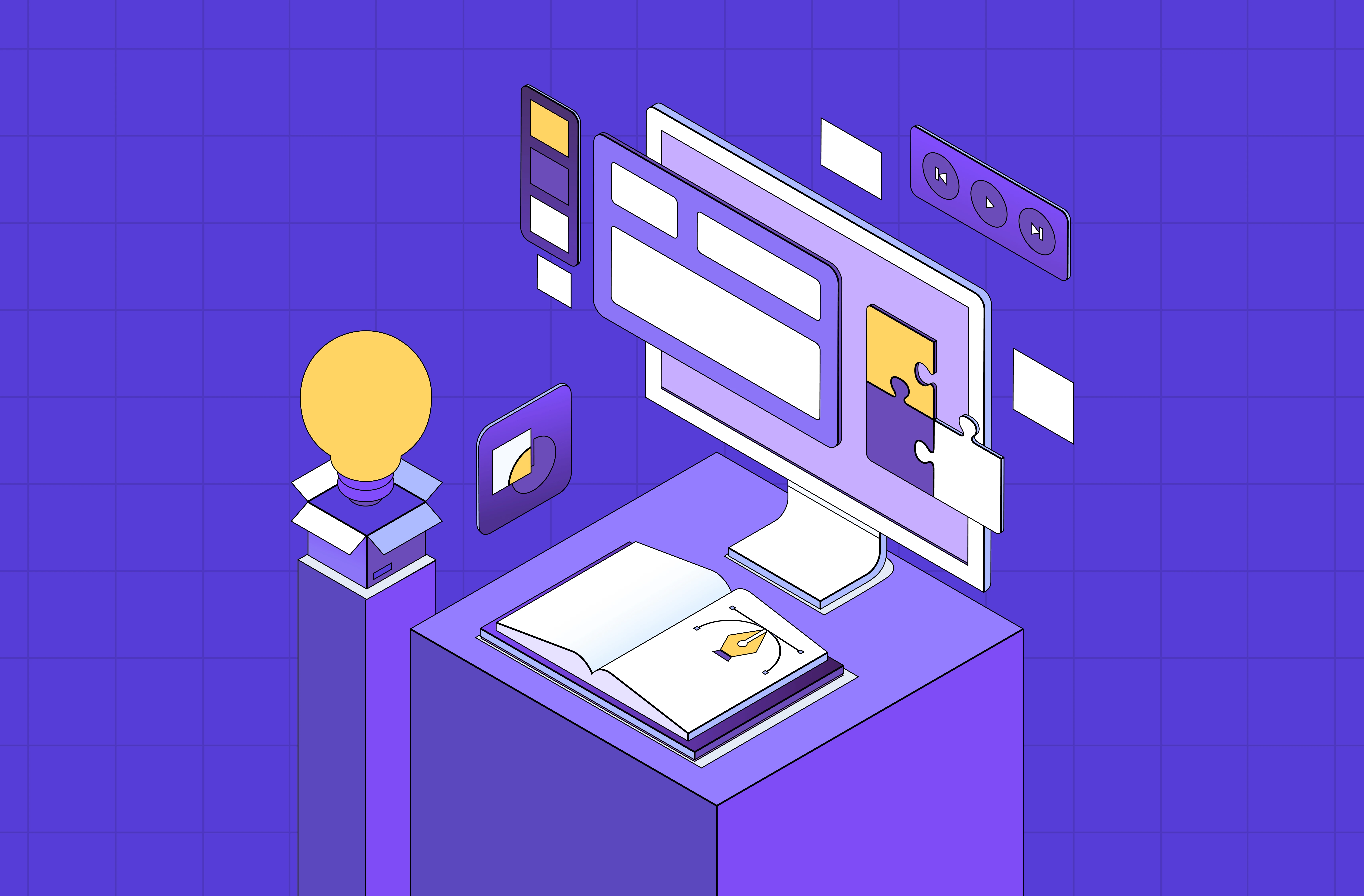 Isometric illustration of a desktop interface with puzzle-piece UI elements floating around a monitor, placed on a purple workspace with a glowing light bulb symbolizing creativity and problem-solving.
