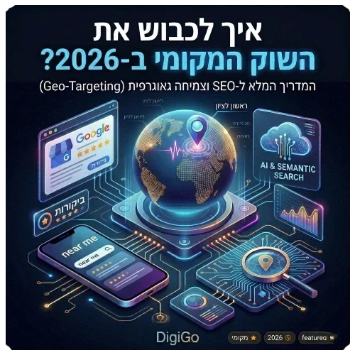 מדריך לקידום אתרים מקומי וצמיחה גאוגרפית (Geo-Targeting) של DigiGo: איור טכנולוגי המציג כדור ארץ עם נקודת מיקום, סמארטפון עם חיפוש Near Me, ופרופיל עסק בגוגל על רקע מעגלים מודפסים ובינה מלאכותית.