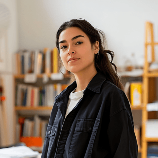  A woman wearing a black jacket poses in front of a large bookshelf lined with books.