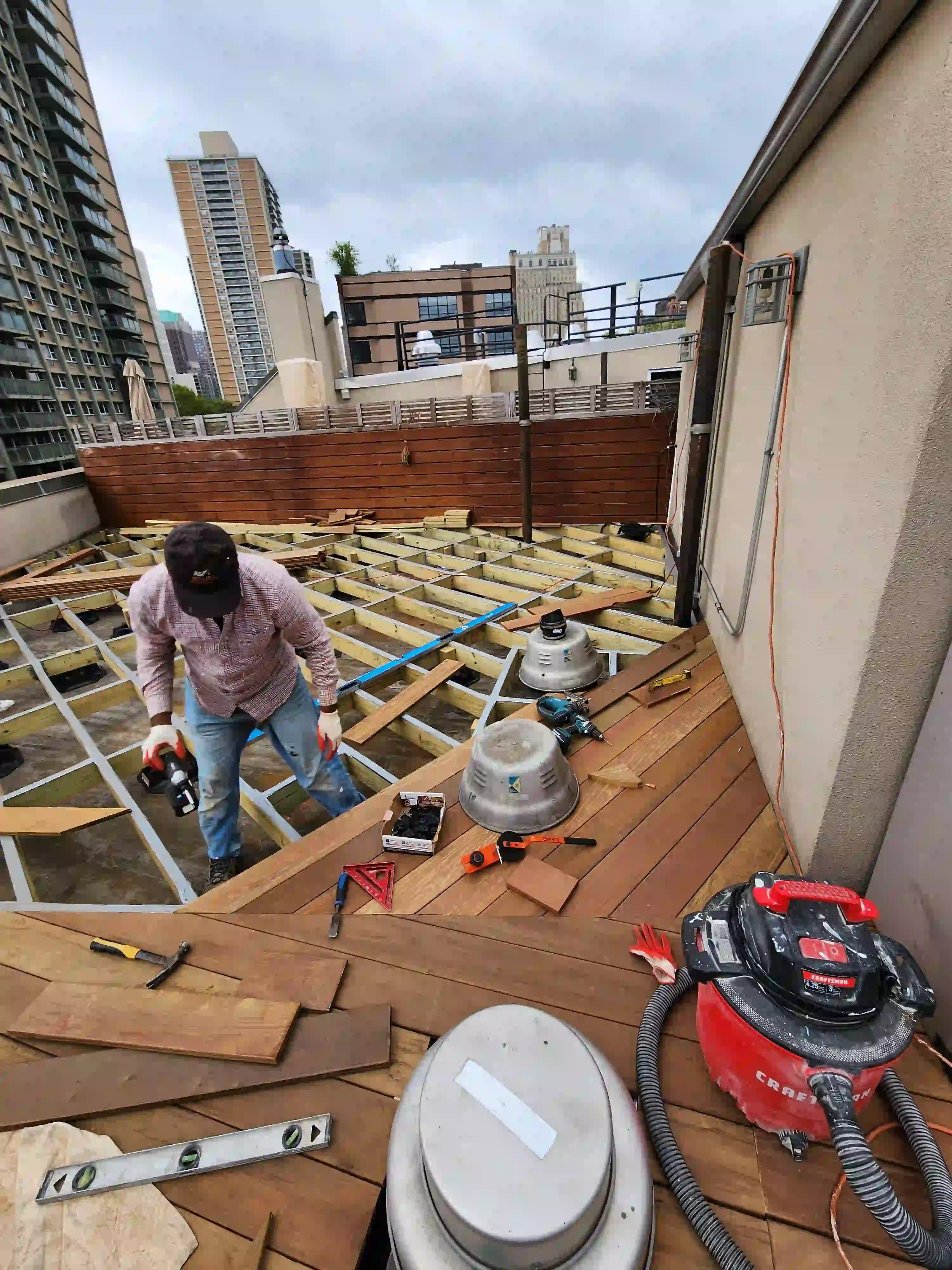 Jewel Construction crew building a rooftop deck in Brooklyn Heights, Brooklyn