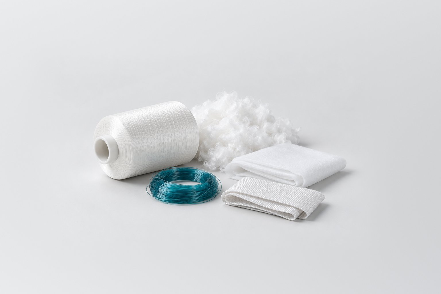 White filament yarn cone, staple fibre, folded nonwoven and woven tape fabric with a small teal monofilament coil