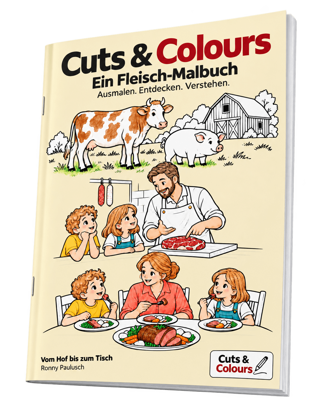 Freigestellte Schrägansicht des Malbuchs Cuts & Colours mit vollständigem Cover und sichtbaren Seitenkanten.