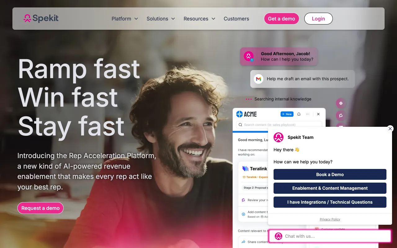 Spekit homepage, AI sales enablement sidekick