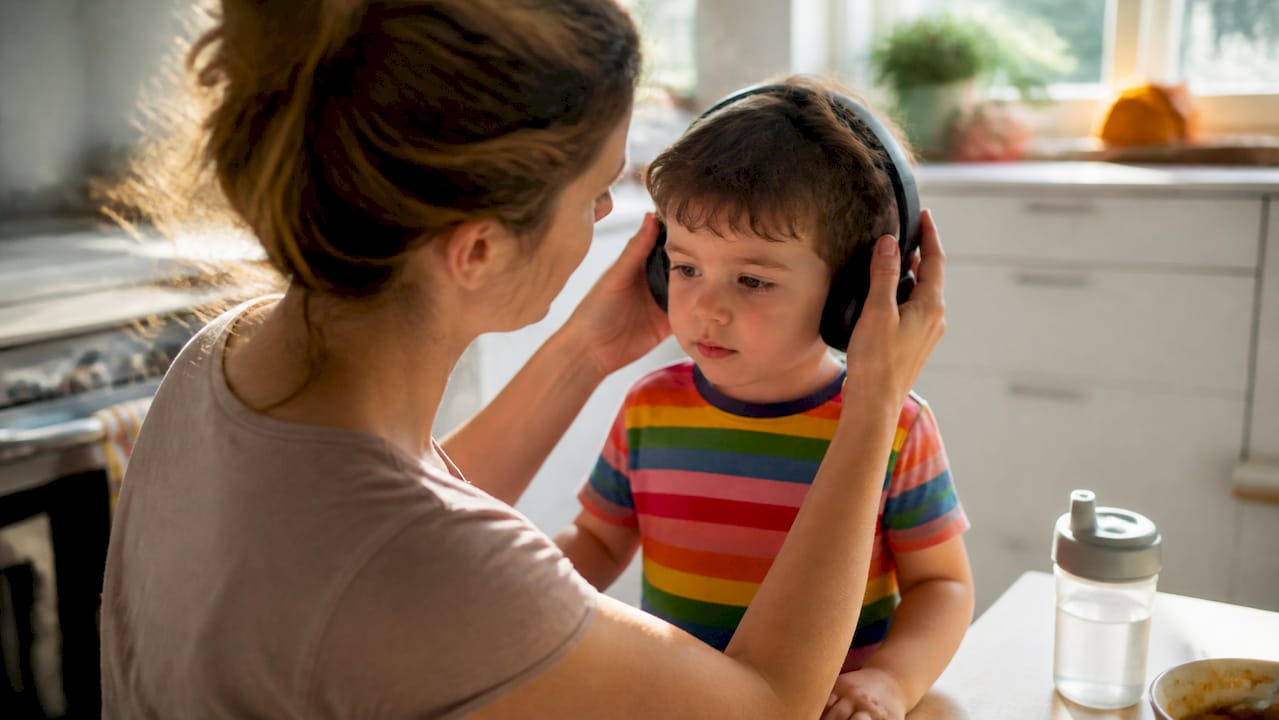 Mom putting earmuffs on child at breakfast