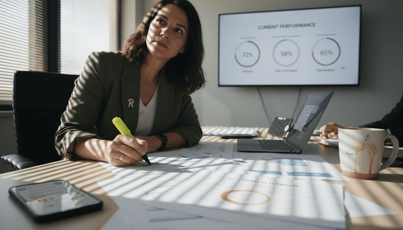Woman analyzing printed marketing campaign reports