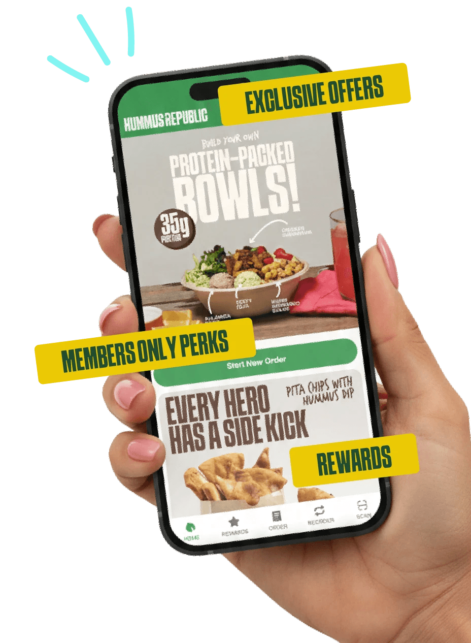 hand in phone with the hummus republic app open
