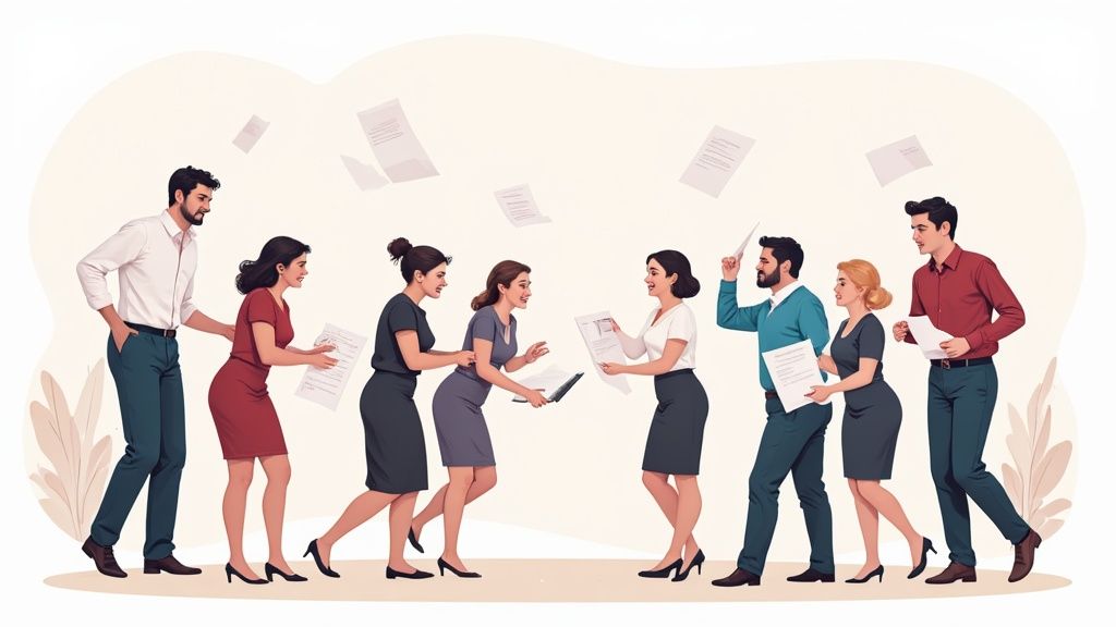 Ein Team bespricht eine HR-Strategie an einem modernen Arbeitsplatz mit digitalen Geräten