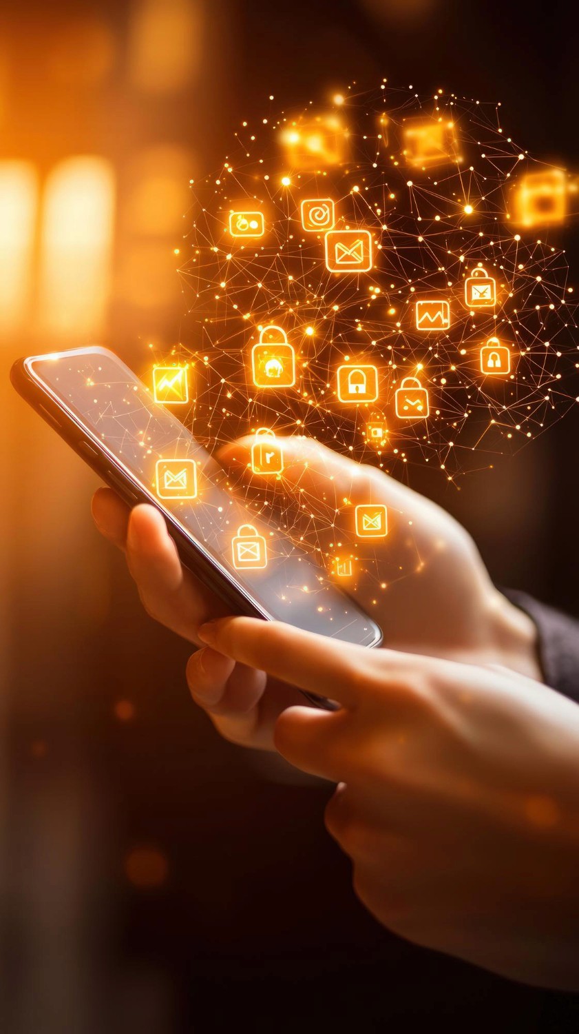 Serious woman centered among blurry hands holding up mobile phones.