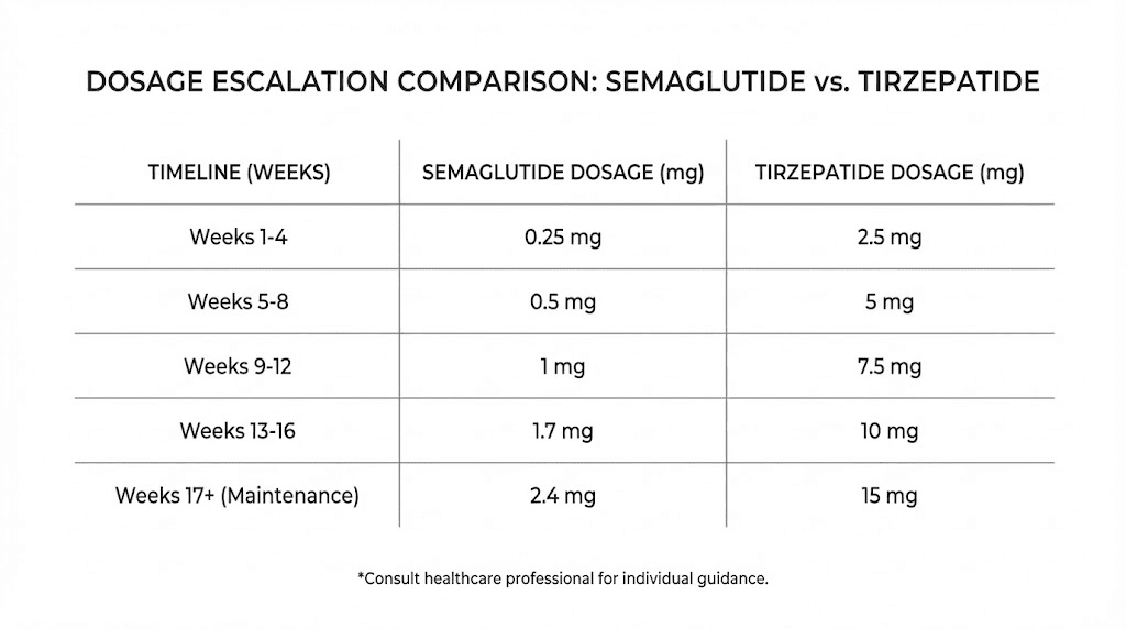 Semaglutide dosage escalation chart from 0.25 mg to 2.4 mg over 16 weeks