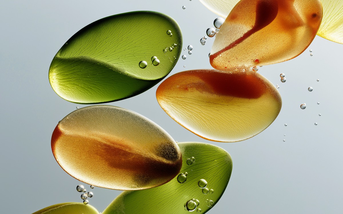 Close-up of translucent, oval liquid capsules in green, yellow, and brown hues suspended in water with air bubbles, creating a vibrant, organic feel.