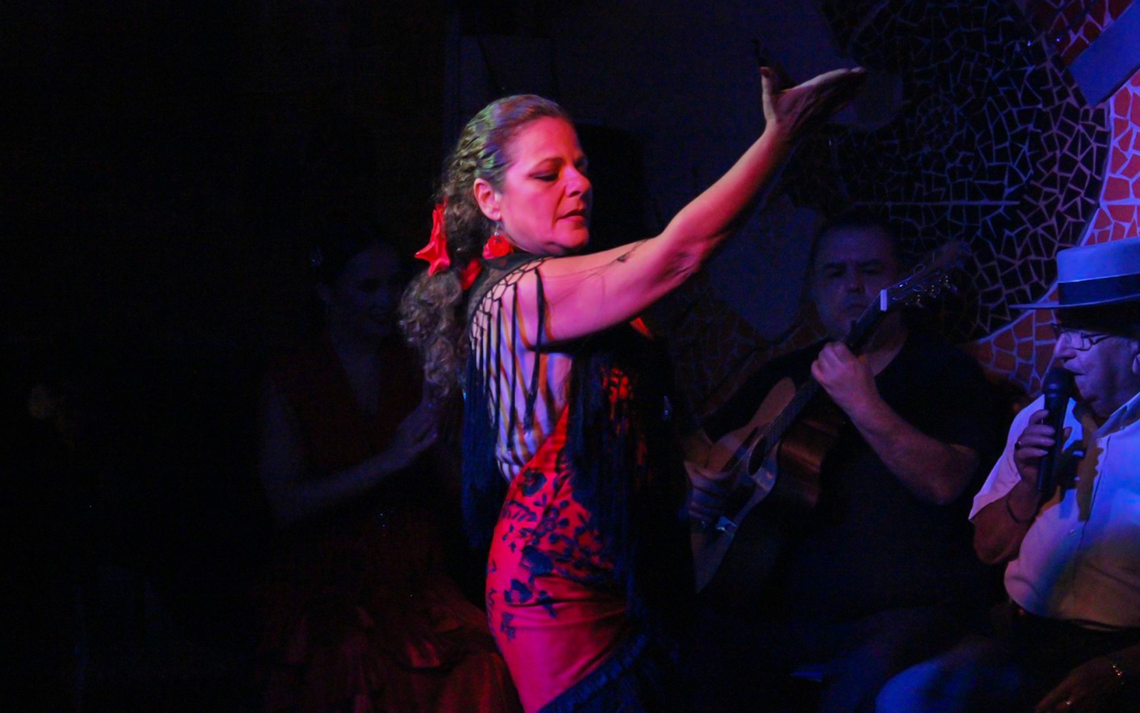 Flamenco dancer performing with musicians during El Toro y la Luna show.
