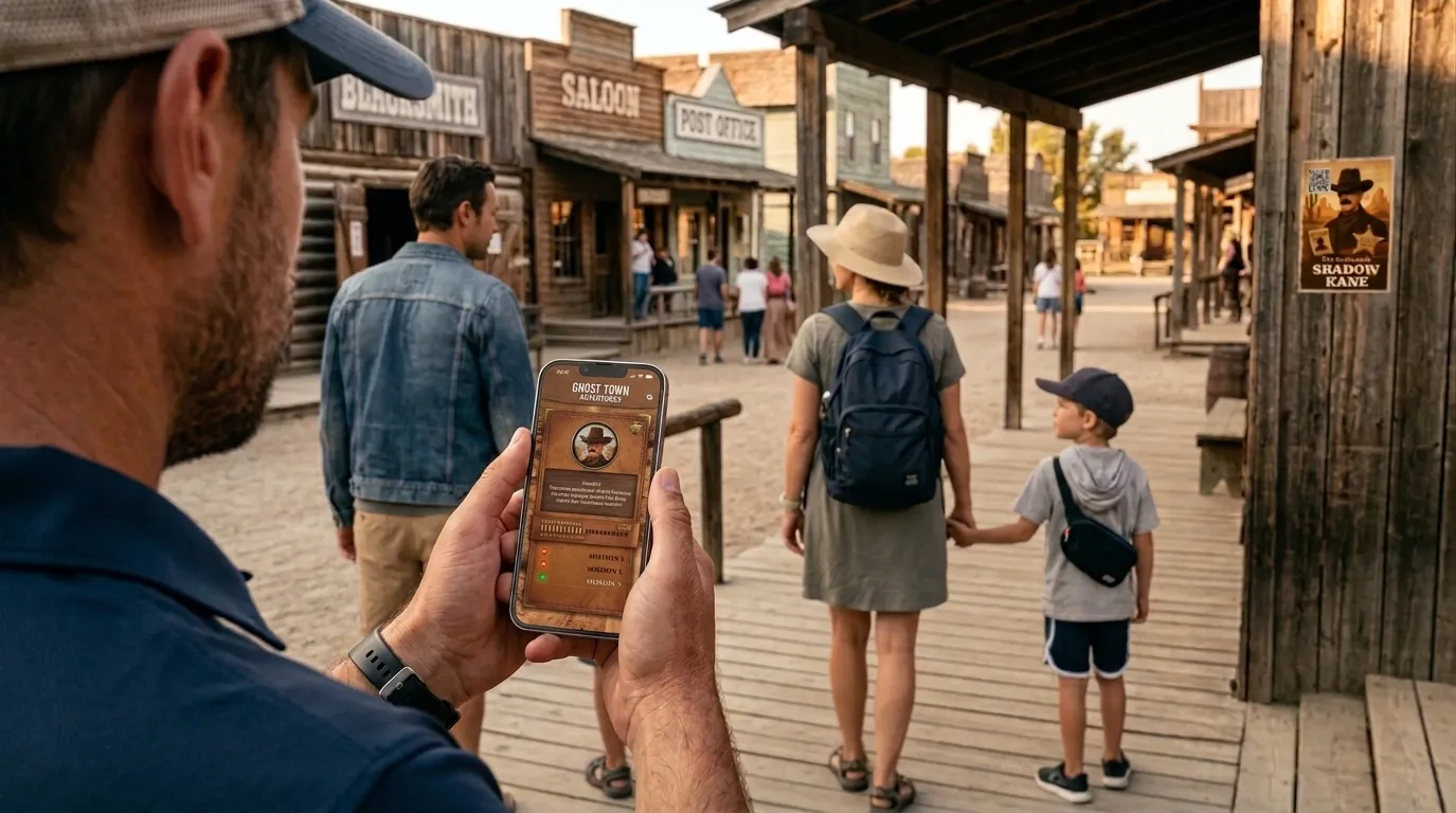 Freizeitpark-Besucher hält ein Telefon mit dem Abenteuer ULTIDO Ghost Town in einer Wild-West-Straße