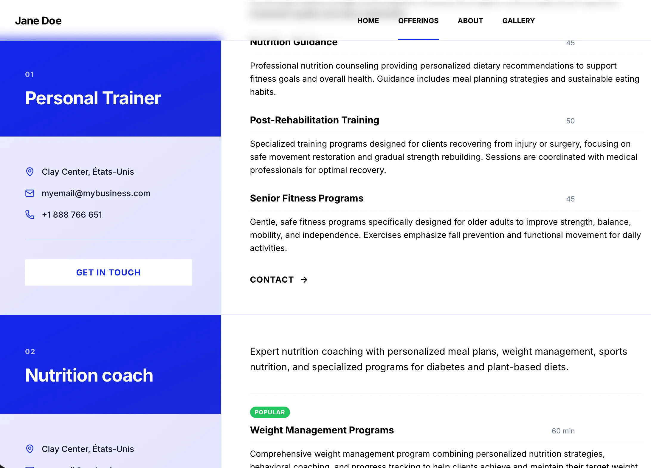 Webfolio dashboard showing website content sections for editing a personal trainer website