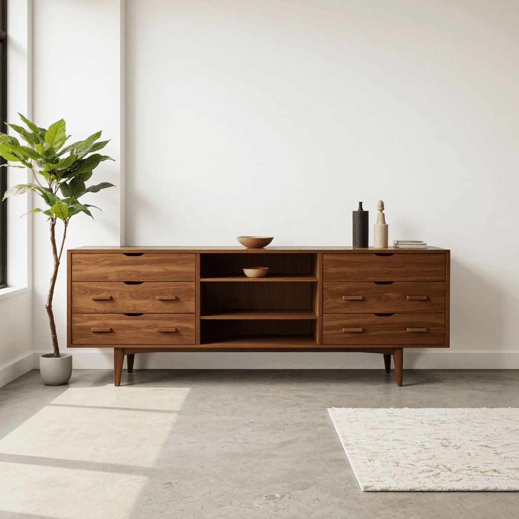 product photography of a wooden sideboard with multiple drawers and an open shelf for storage