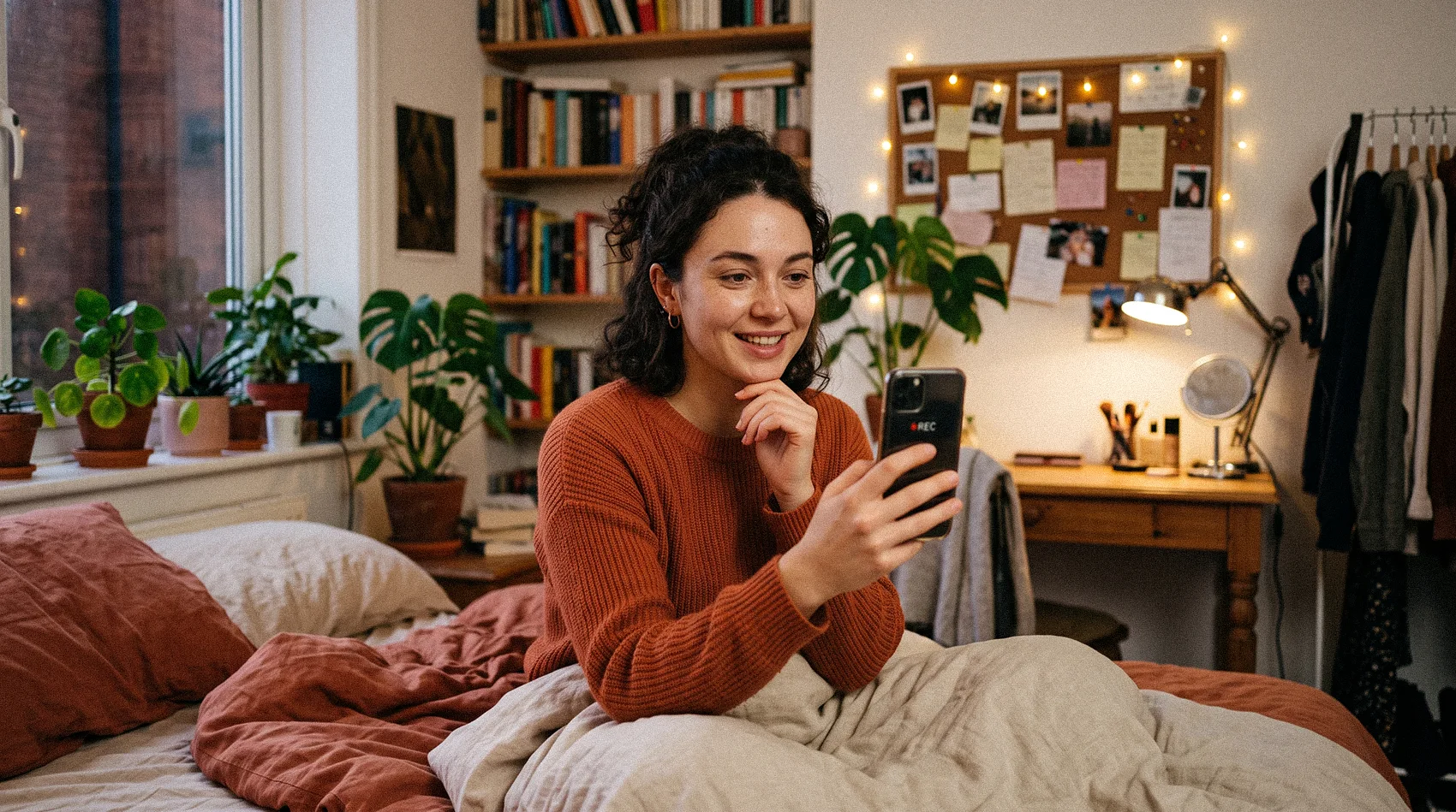 Gen Z micro-influencer filming authentic video on phone in cozy bedroom with fairy lights - short-form video dominance 96%