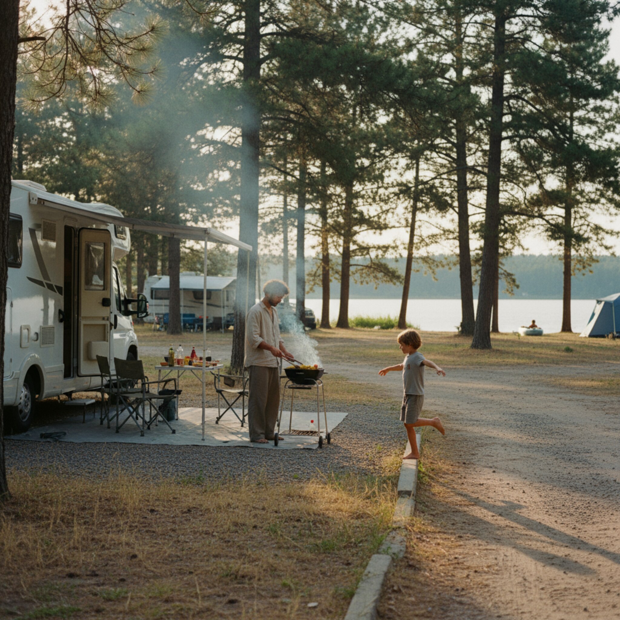 Später Nachmittag auf einem weitläufigen Campingplatz. Zwischen Kiefern steht ein Wohnmobil mit ausgefahrener Markise, ein Kind balanciert auf einem Bordstein, während jemand den Grill vorbereitet. Warmes Sonnenlicht zeichnet lange Schatten über die Parzellen. In der Ferne glitzert ein See, und leises Stimmengewirr liegt in der Luft.