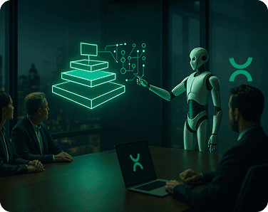 Engineering team meeting with a humanoid robot presenting a green glowing 3D hologram in a modern dark conference room.