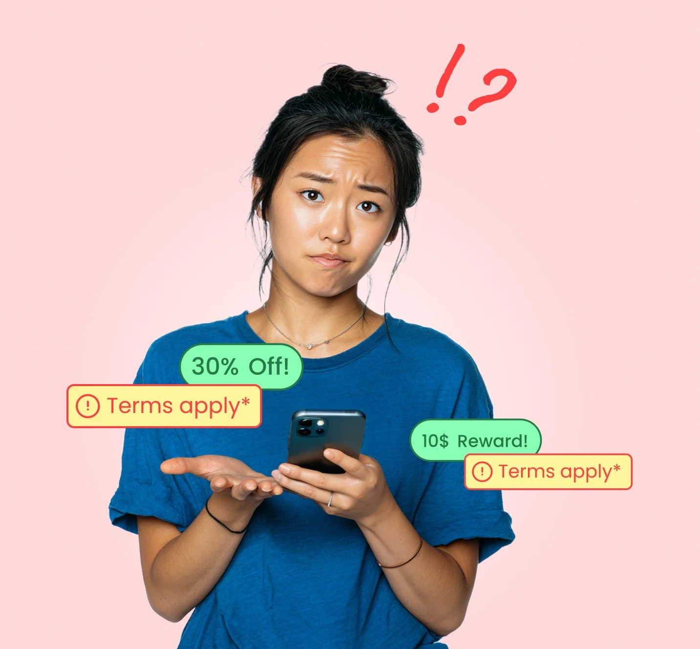 A woman looks confused while reading her phone as unclear reward messages like “10$ Reward!” and “Terms apply*” appear around her.