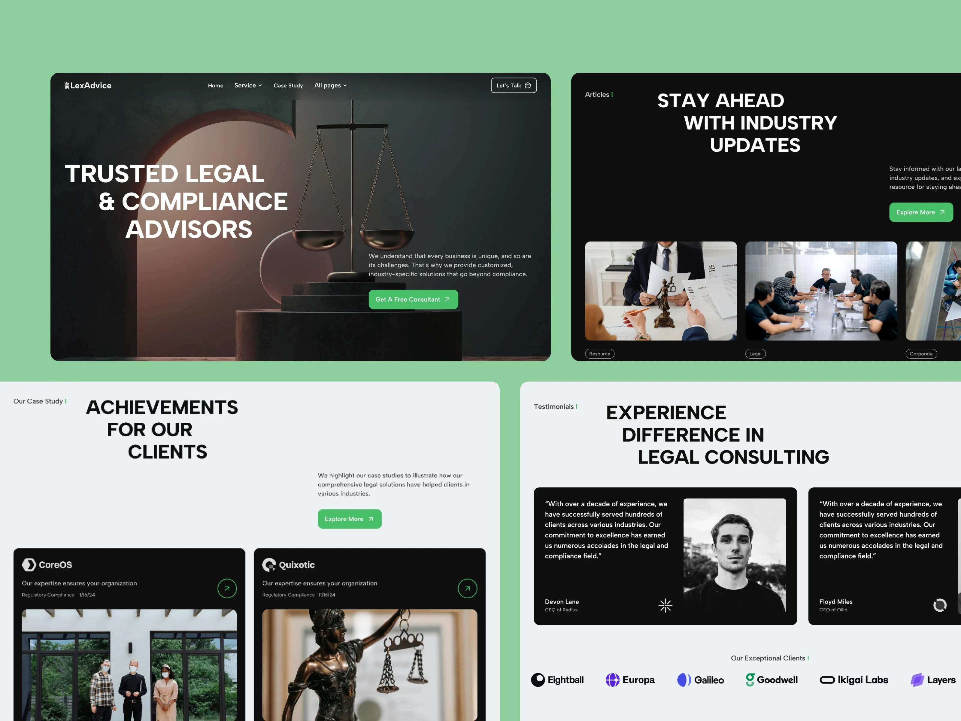 LexAdvise legal consulting website design featuring scales of justice and dark UI.
