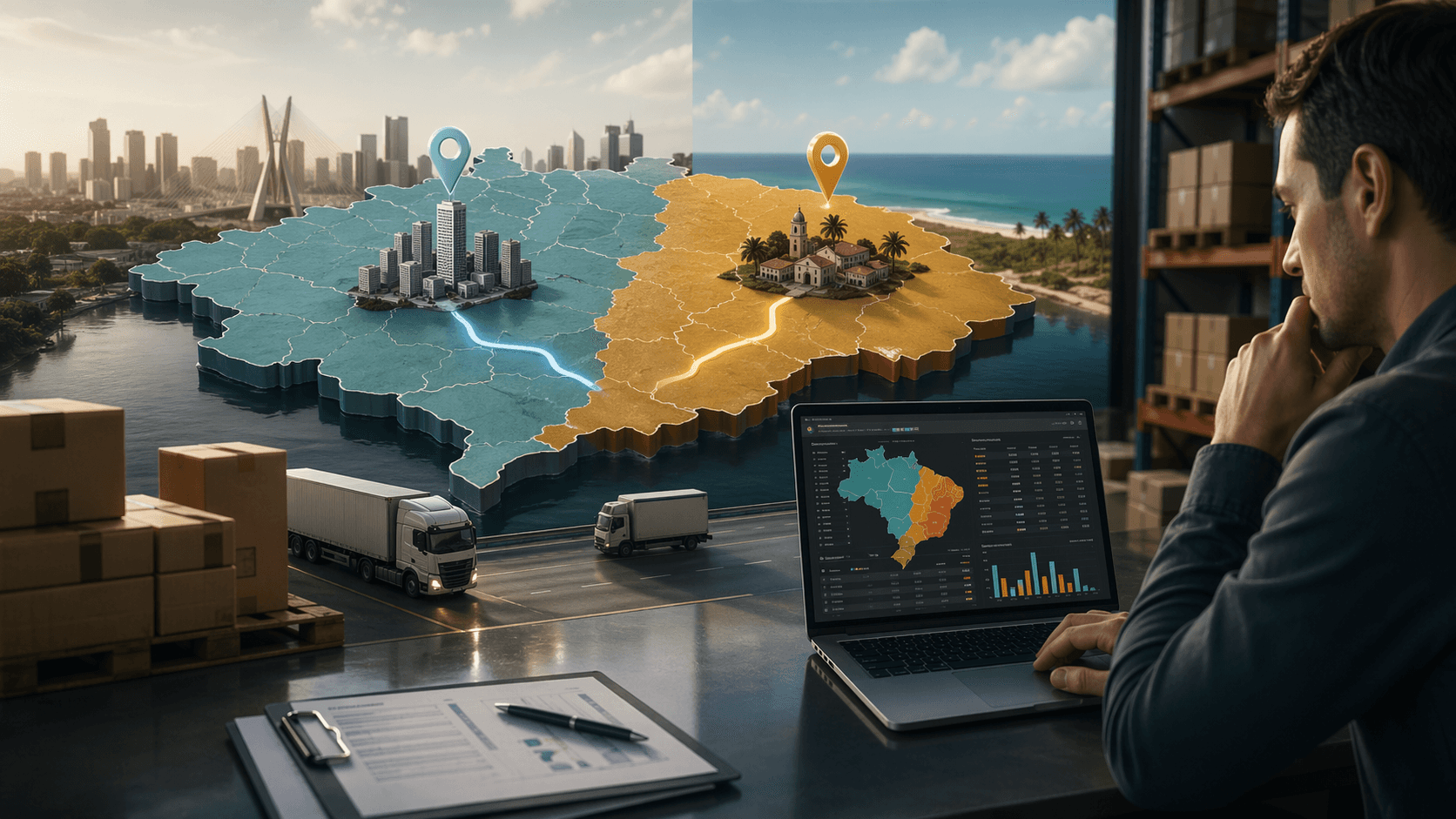 Mapa 3D realista do Brasil dividido em duas regiões, uma representando São Paulo com cenário urbano e outra o Nordeste com paisagem litorânea, conectadas por rotas logísticas com caminhões. Em primeiro plano, um profissional analisa dados em um laptop ao lado de caixas e prateleiras de armazém, sugerindo gestão de preços e logística no ecommerce B2B.