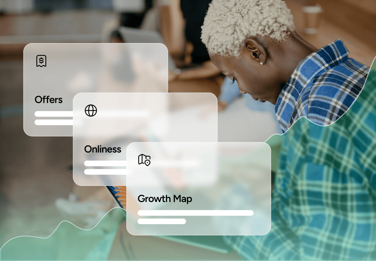 Person working on a laptop with floating interface elements showing offers, online presence, and a growth map.