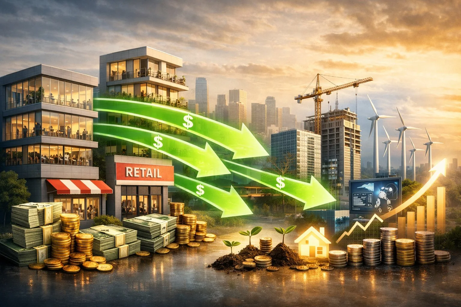 Conceptual visual showing cash flow arrows moving from segmented business components toward reinvestment opportunities.