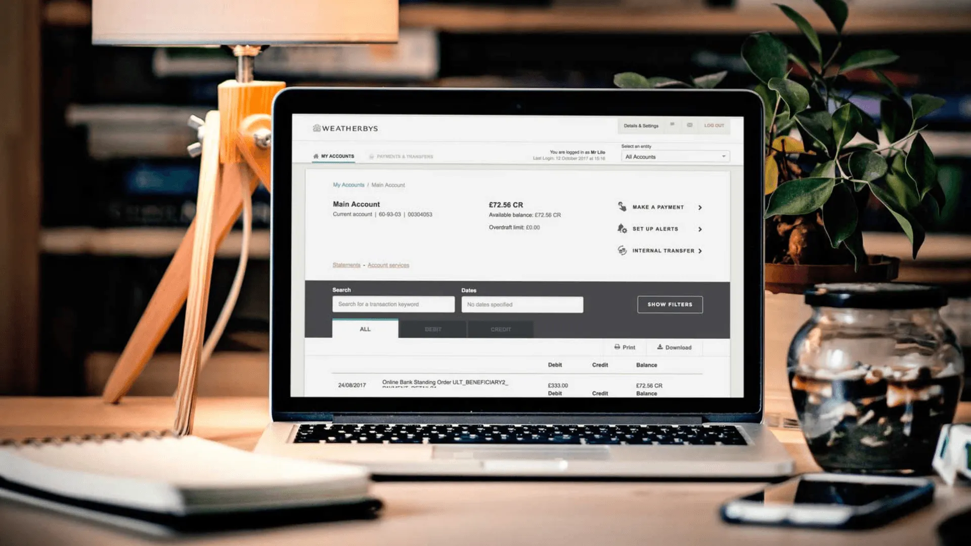 Weatherbys bank website on laptop