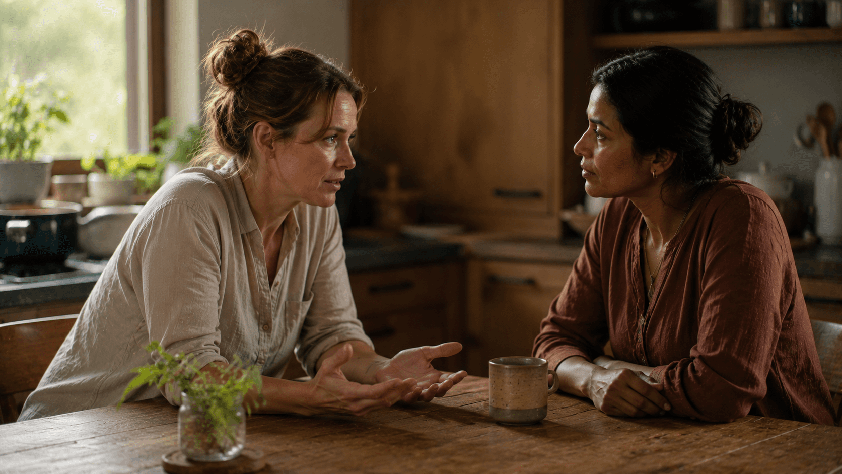 Couple in earnest conversation at a kitchen table, communicating openly and honestly in a relationship