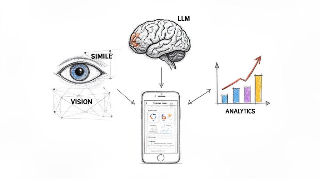 Diagram showing a smartphone at the center, connected to vision, LLM, and analytics modules.