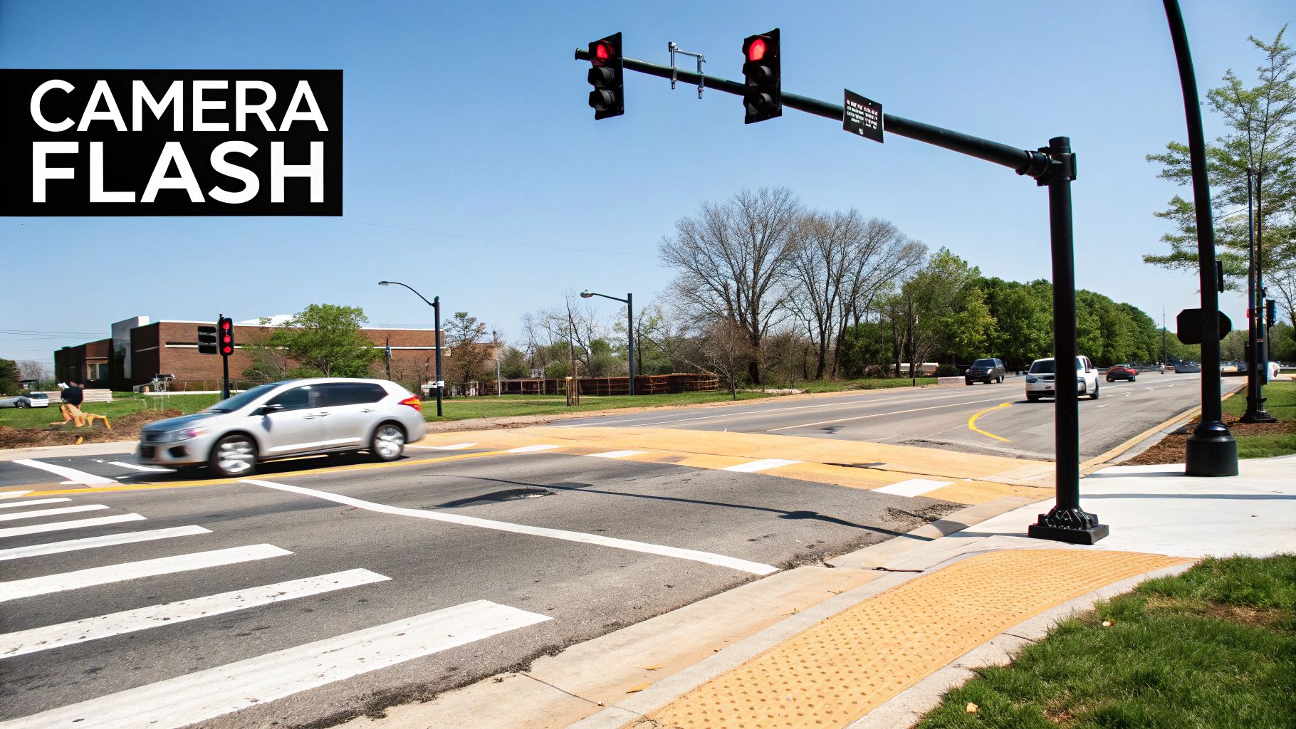 A close-up of a red light camera mounted on a traffic pole