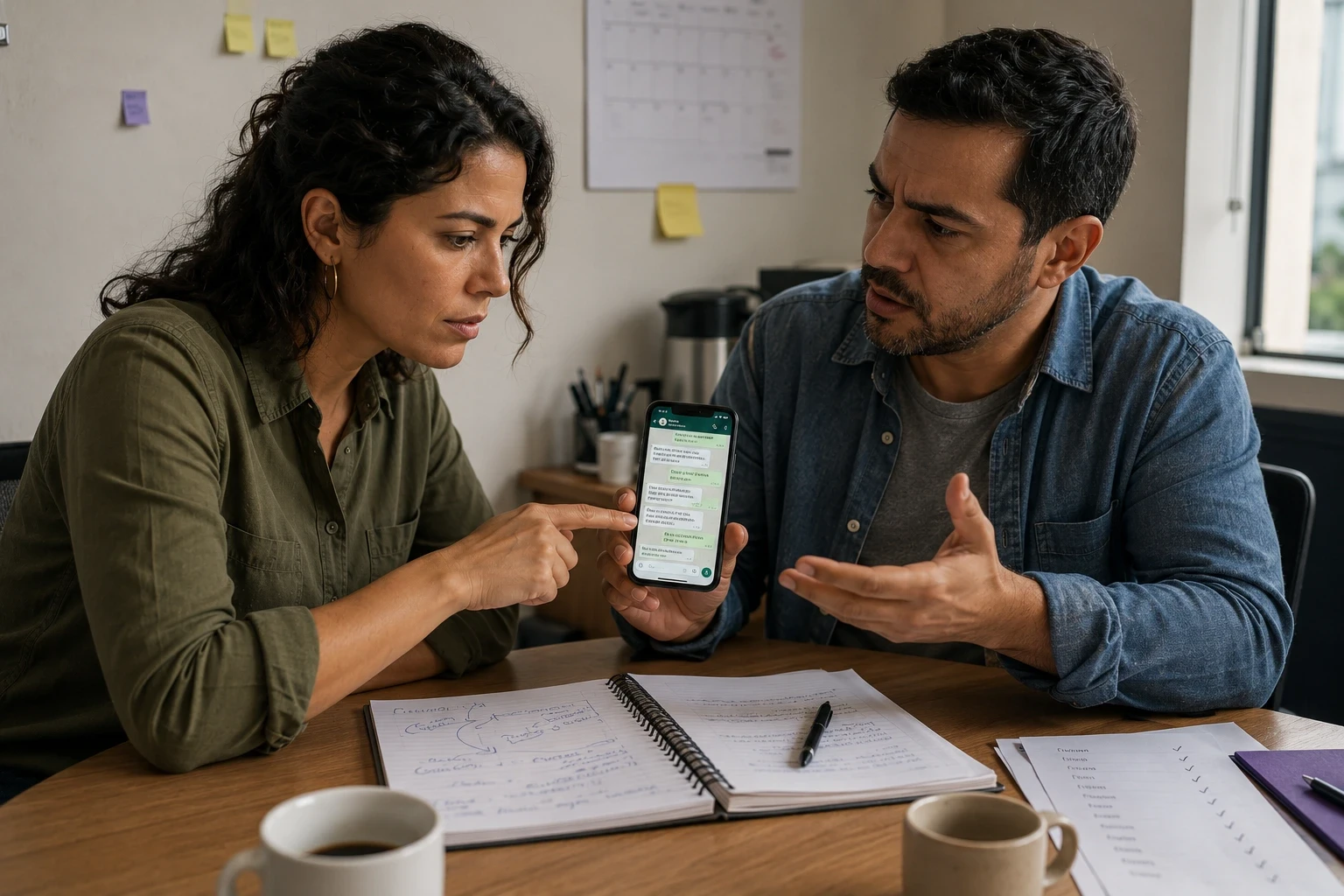 Gestora de marketing e vendedor brasileiros revisando juntos uma conversa de WhatsApp com lead que não fechou, em mesa de escritório com cadernos de anotação e cafés, discutindo qualidade do lead vindo do Google Ads