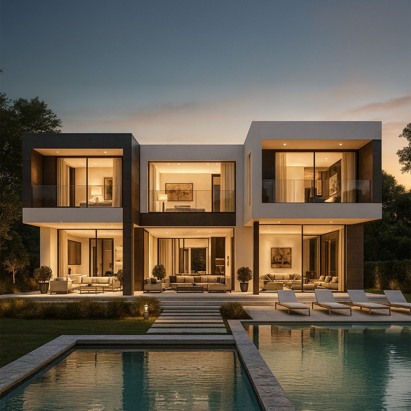 Modern luxury home exterior at dusk with expansive glass walls, warm interior lighting, and a pool terrace.