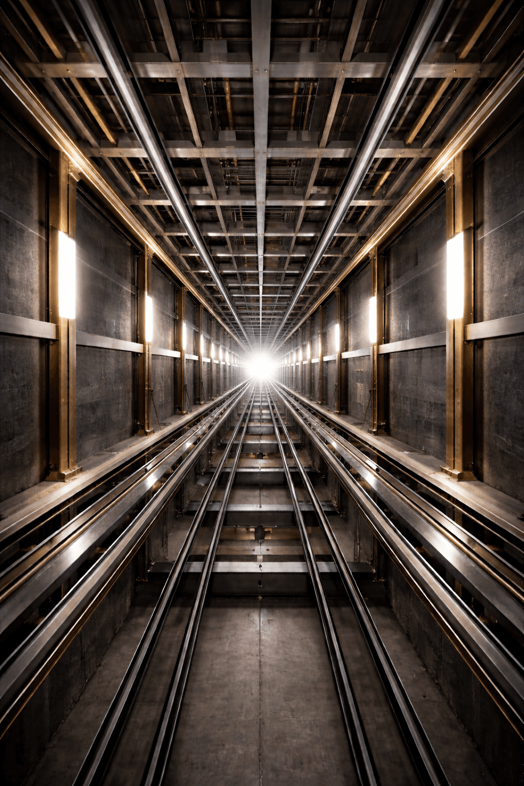 elevator shaft interior with rails and bright light at the end