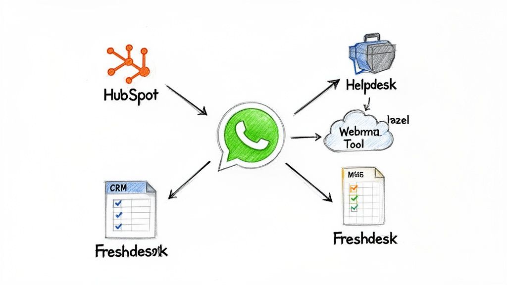 Diagram illustrating WhatsApp integration with HubSpot, Freshdesk, helpdesk, and Webma Tool for automated communication.