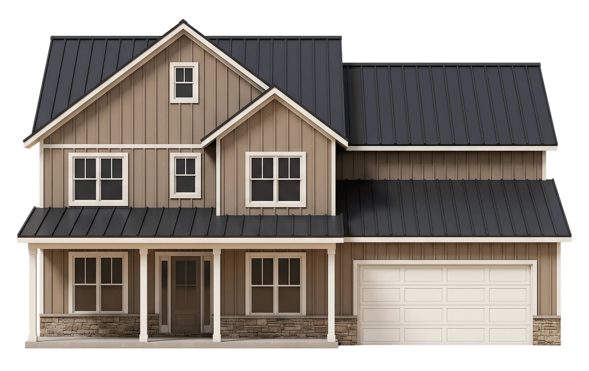 3D rendering of a two-story board-and-batten home with a black metal roof and attached two-car garage