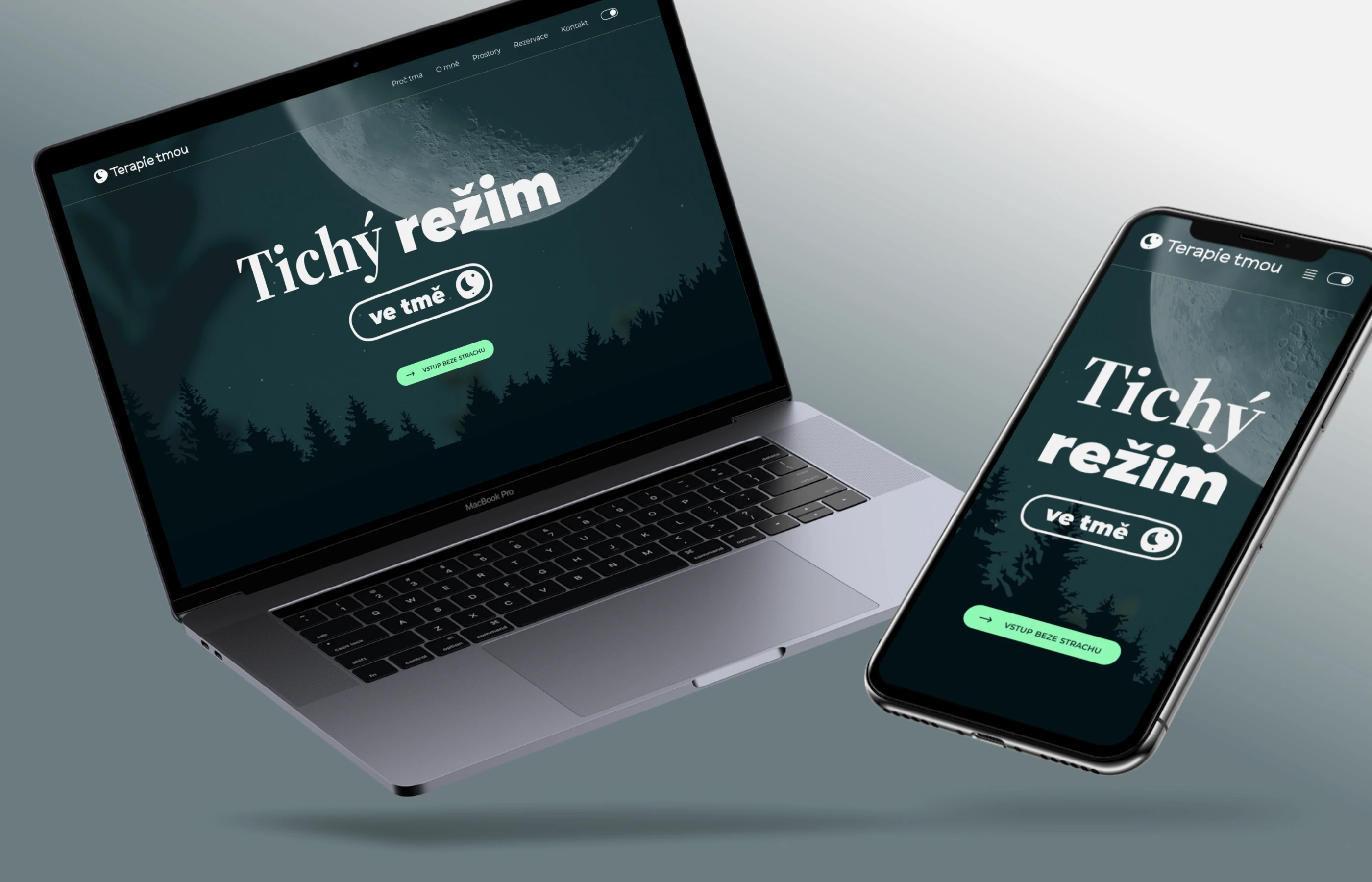 Dark mode design webové prezentace 'Tichý režim ve tmě' (Terapie tmou), responzivní zobrazení na Mac a iPhone.