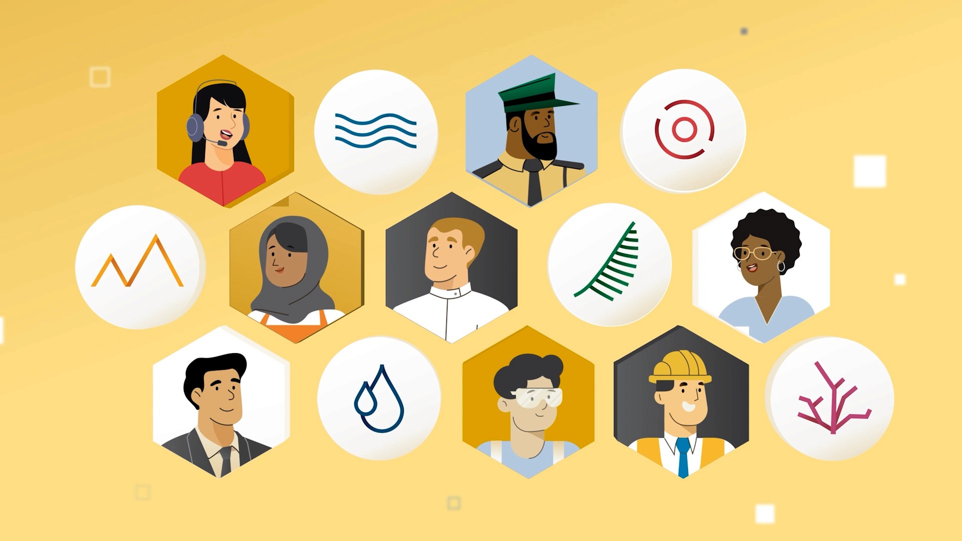 2D icons representing various employees and company values