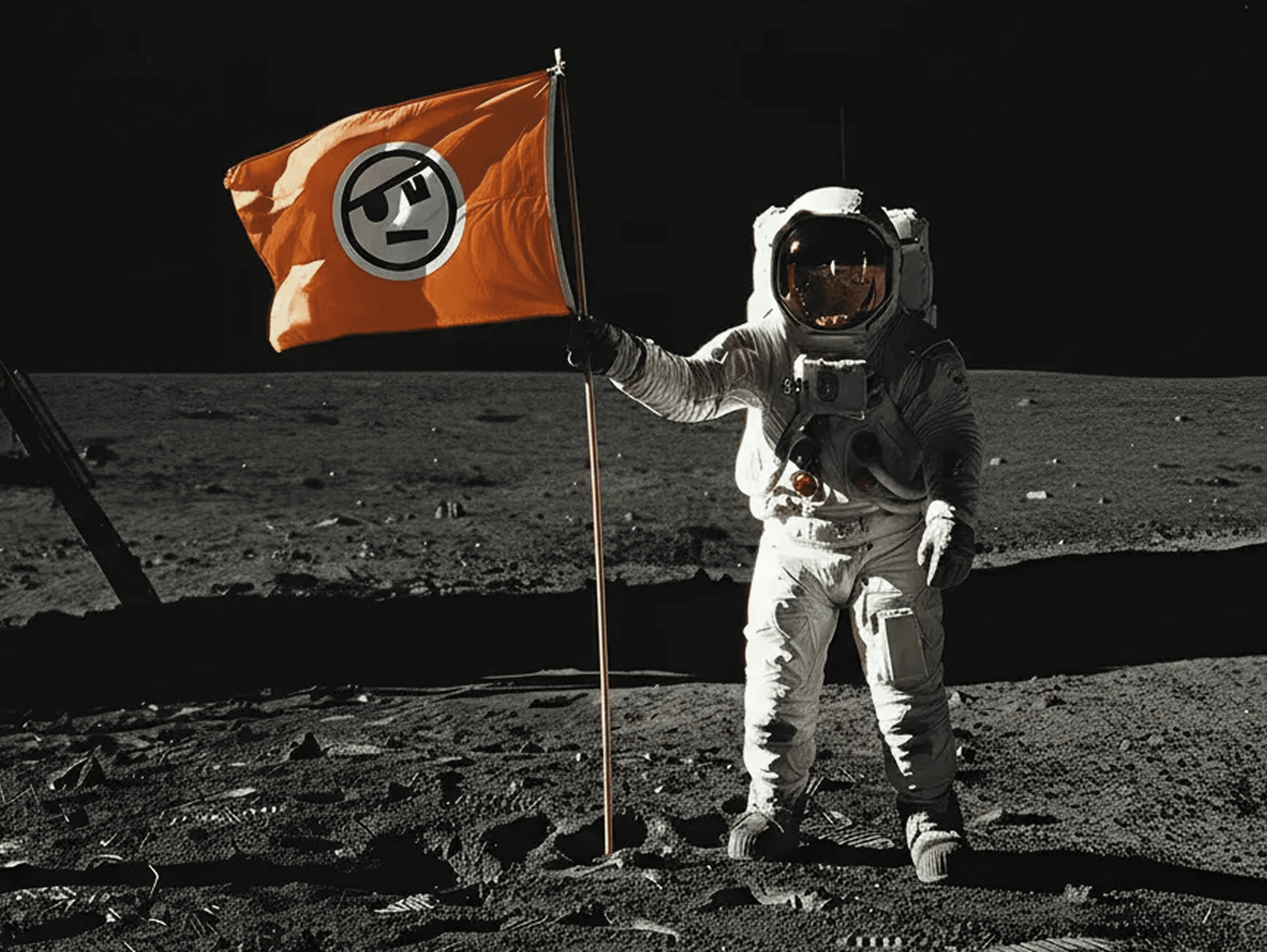  An astronaut standing on the lunar surface, holding an orange flag featuring a logo of underground movement.