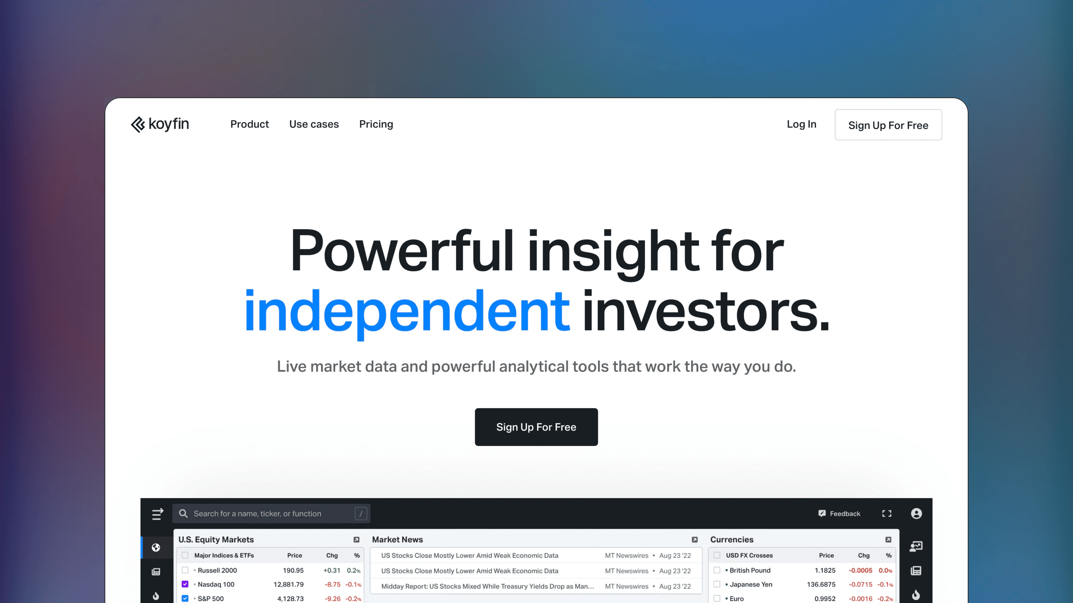 Website preview of Koyfin, trade management tracking platform showing dashboards with financial data and price charts.
