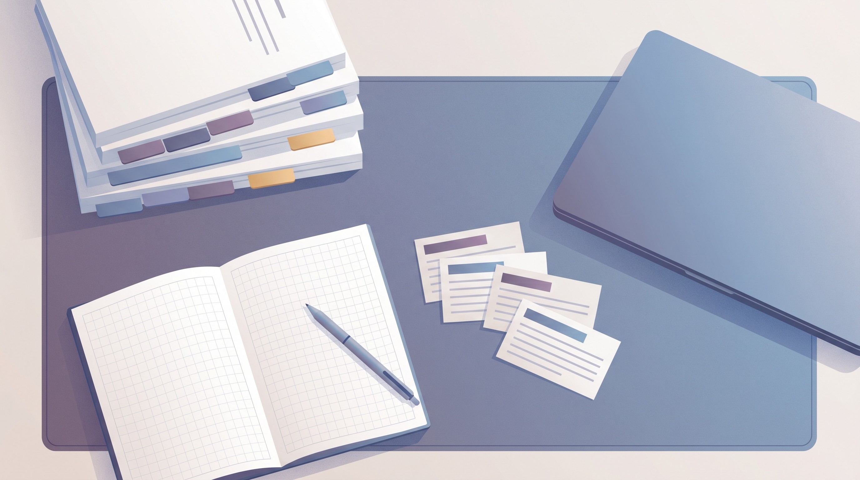 Research desk with papers and index cards