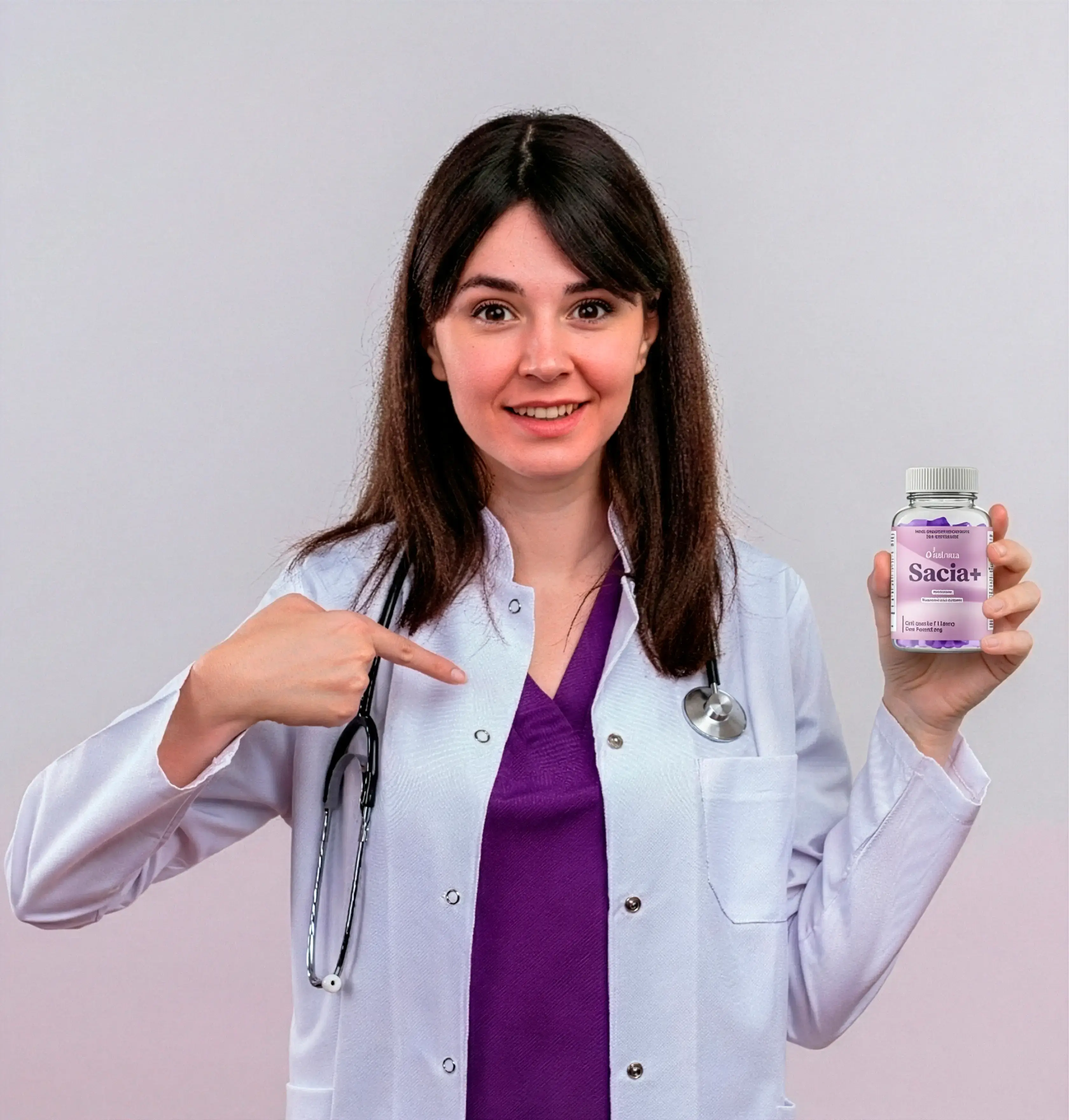 Profissional da saúde vestindo jaleco, segurando o suplemento Sacia+ e apontando para o produto.