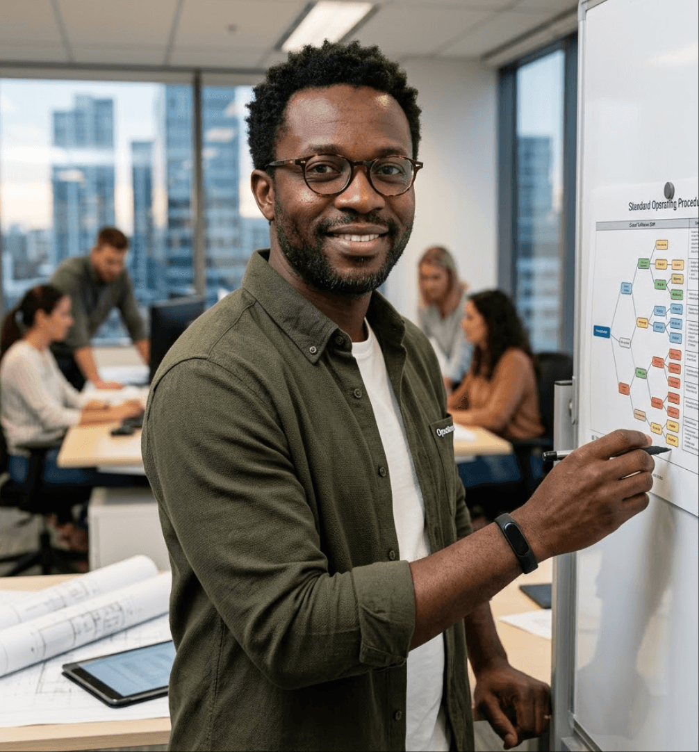 Operations Manager using a tree table to document standard operating procedures with structured hierarchy and detail columns