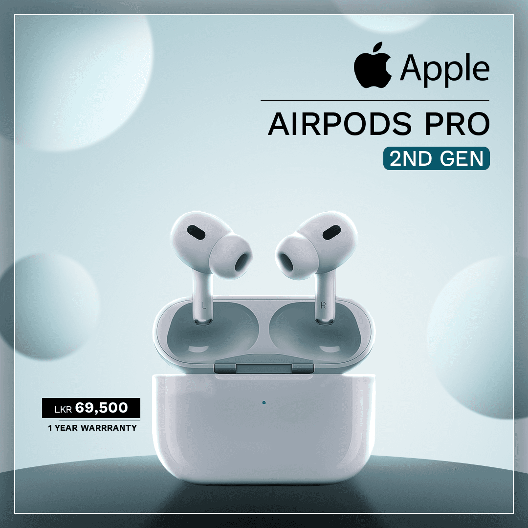 Apple AirPods Pro 2nd Gen displayed against a minimalist gradient background, showcasing the sleek white earbuds resting in their open charging case, featuring pricing and warranty details.